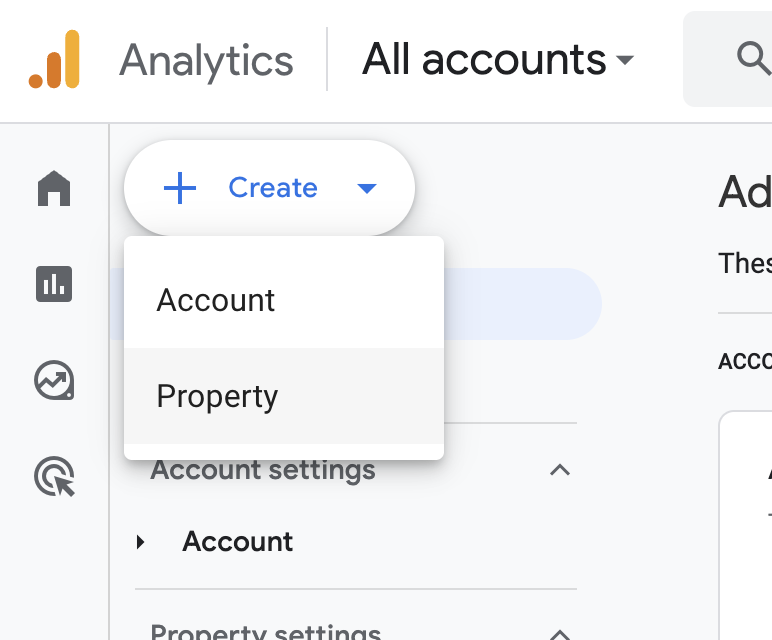 Google Analytics Admin "Create → Property" menu