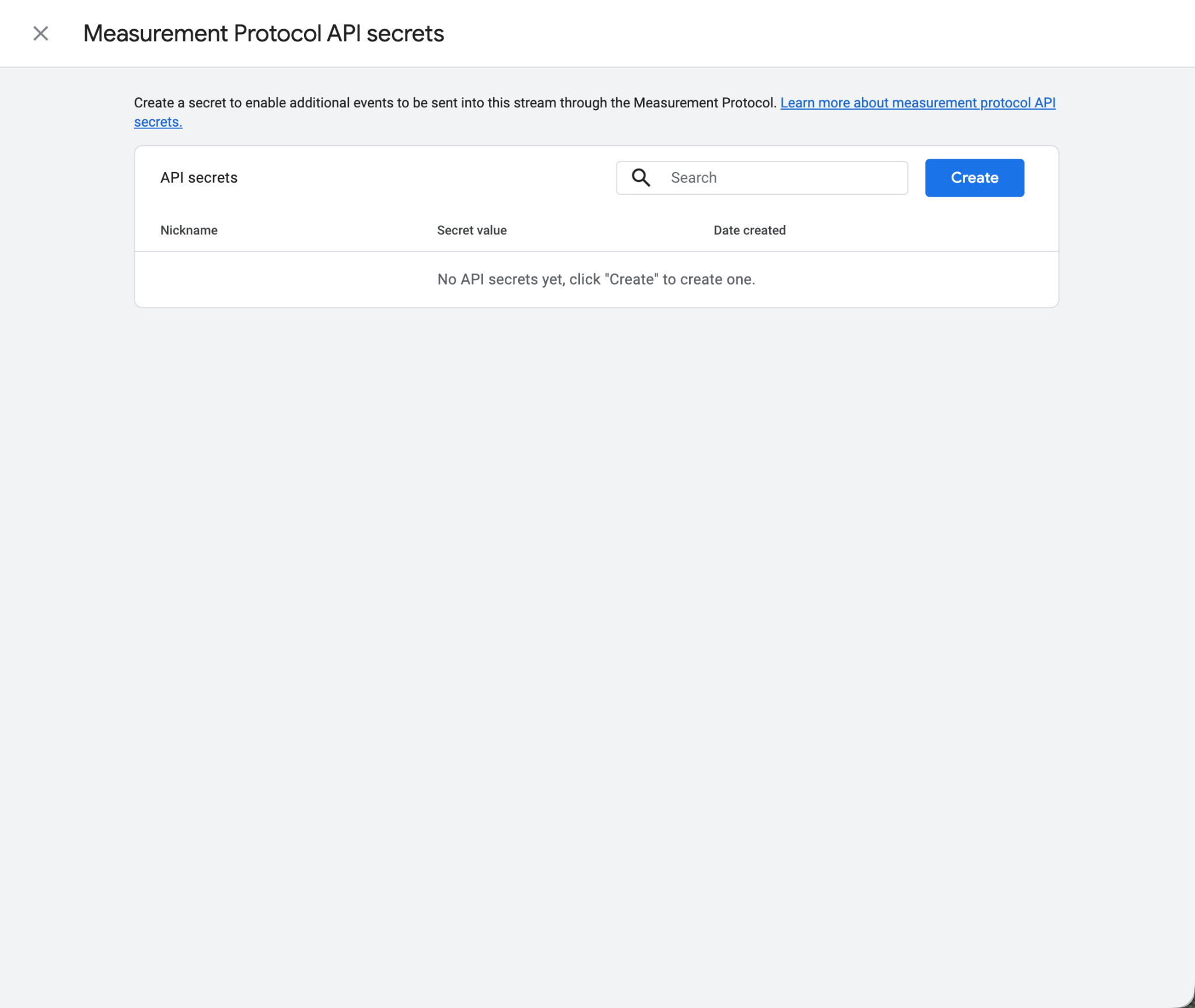 GA4 Measurement Protocol API secrets screen with the Create button