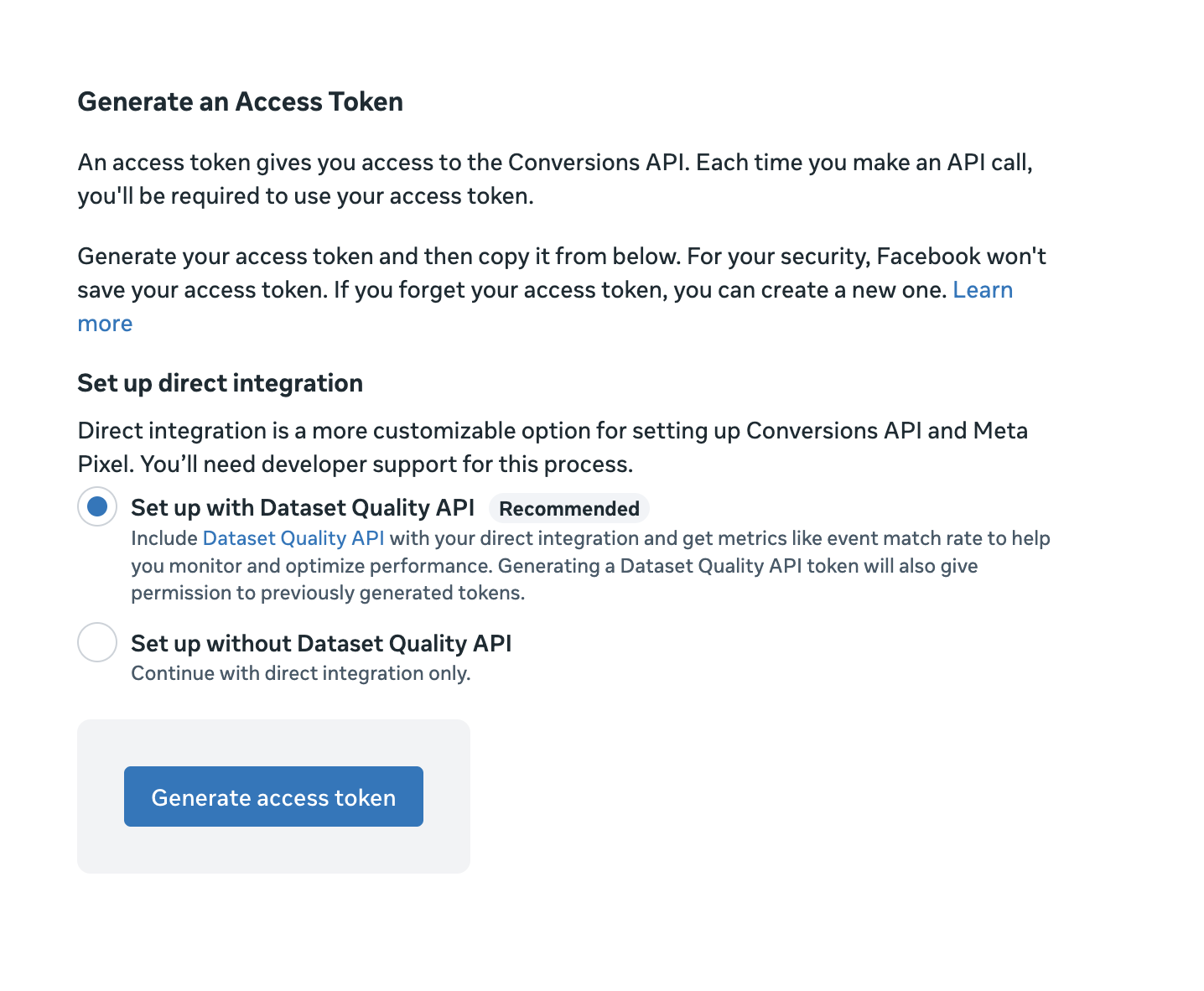 Meta Conversions API "Generate an access token" screen