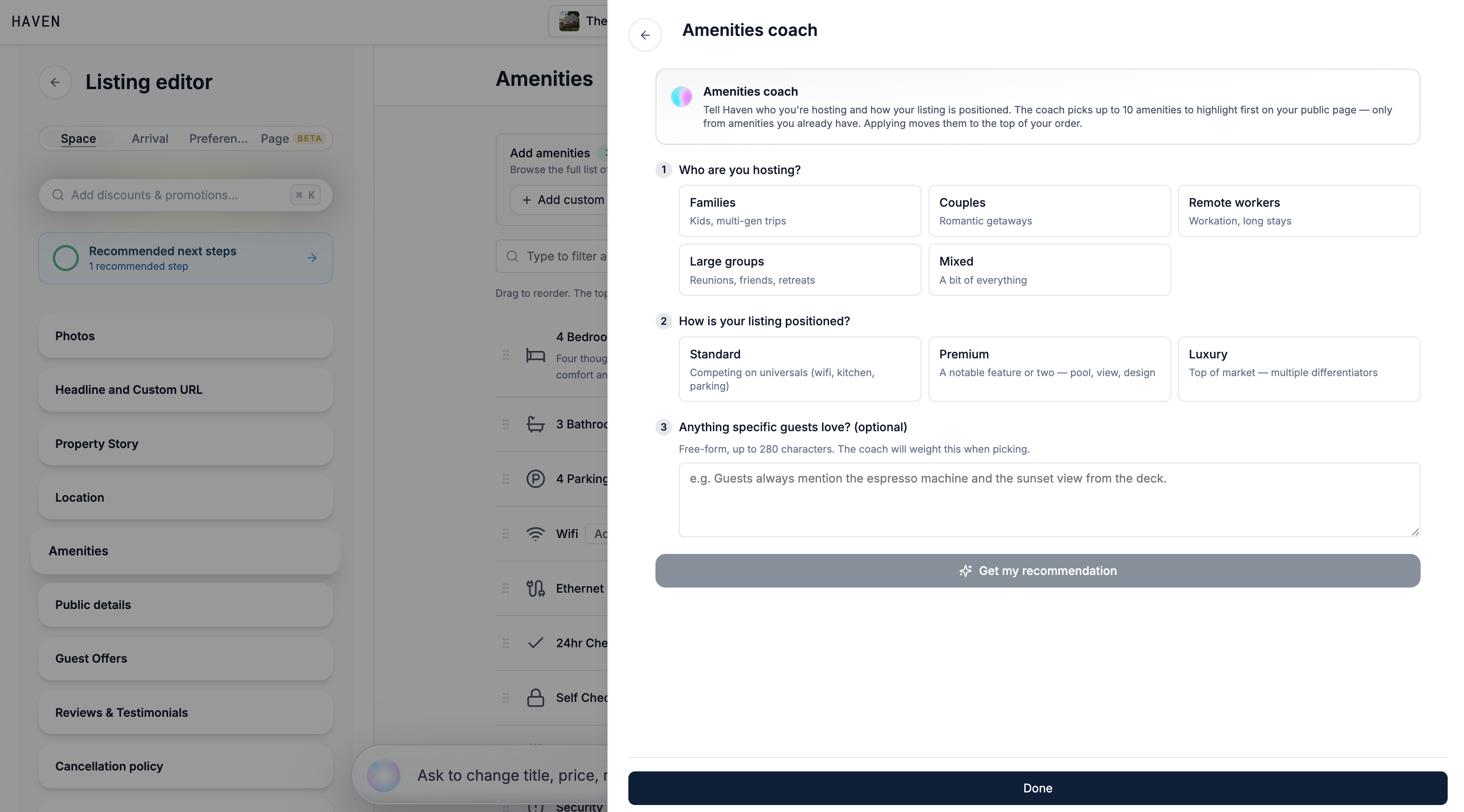 Amenities section with the Haven AI ordering suggestion