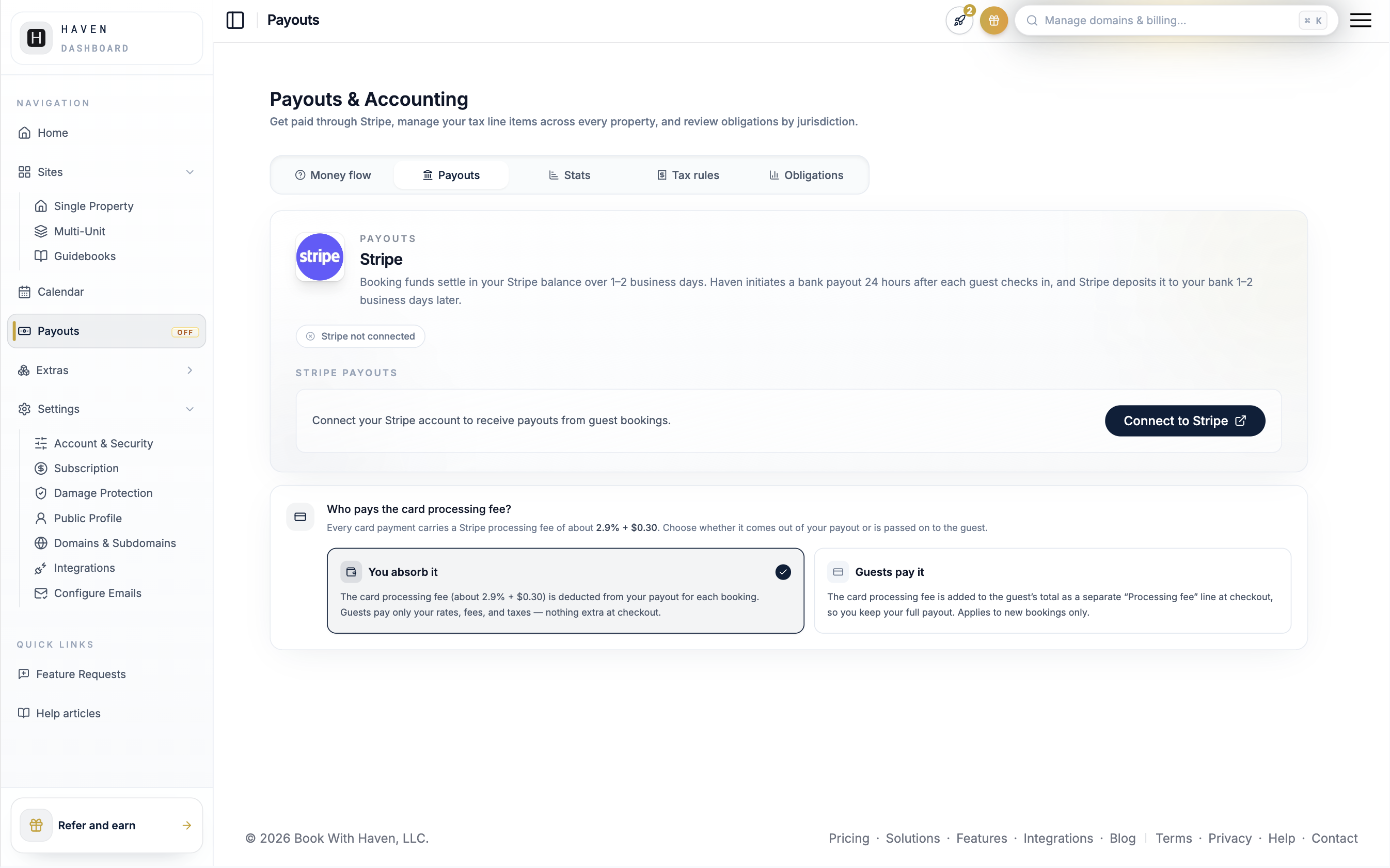 Billing & Subscription tab with the Stripe Connect card