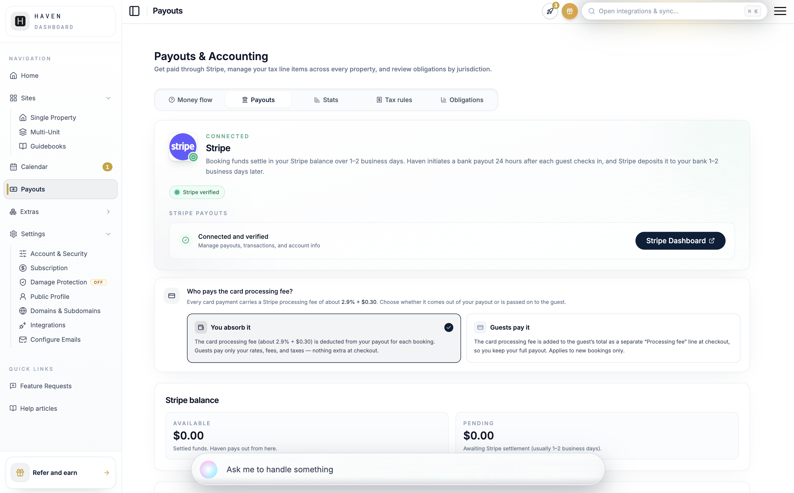 Verified, connected Stripe status on the Billing & Subscription tab