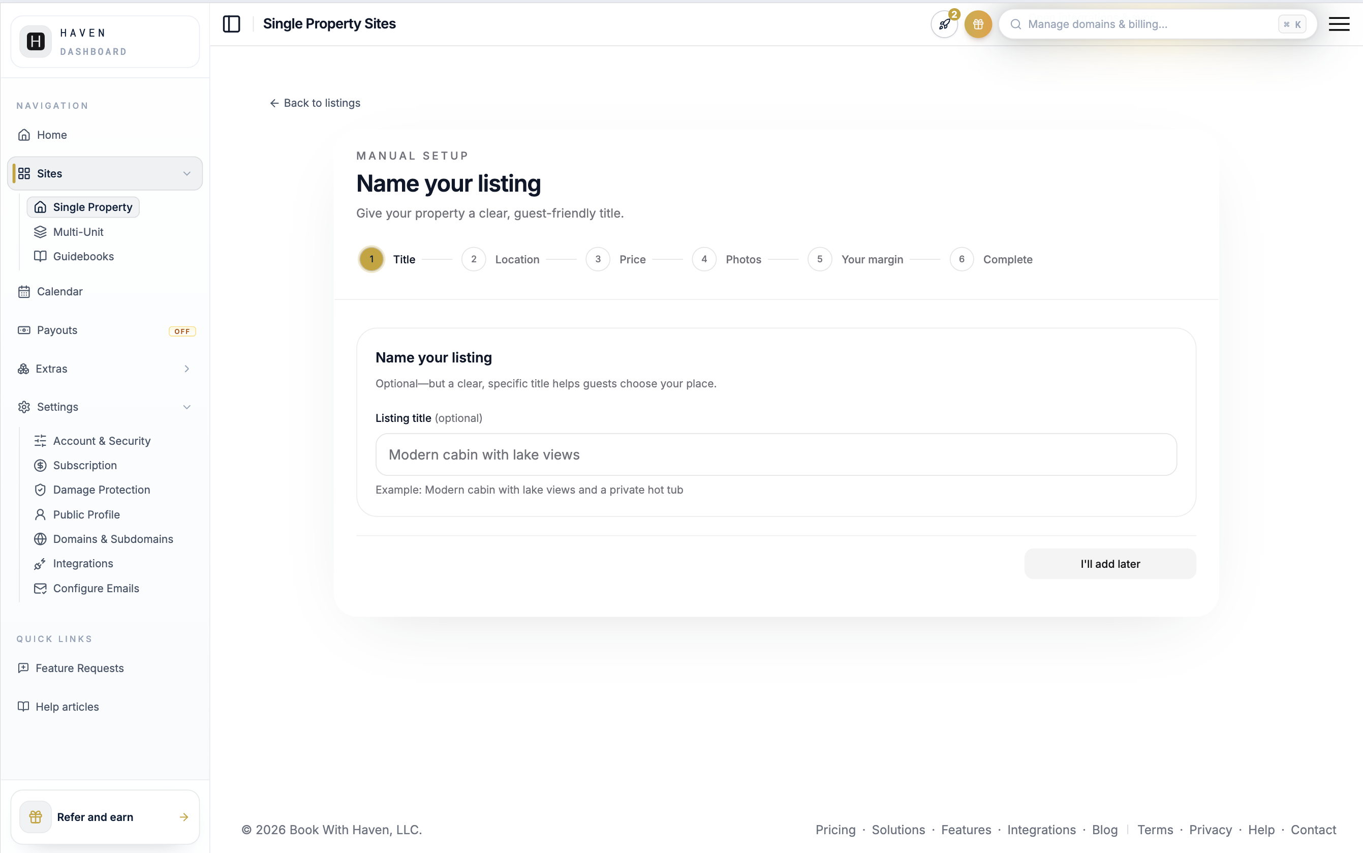 Manual create-listing wizard showing the title and address fields