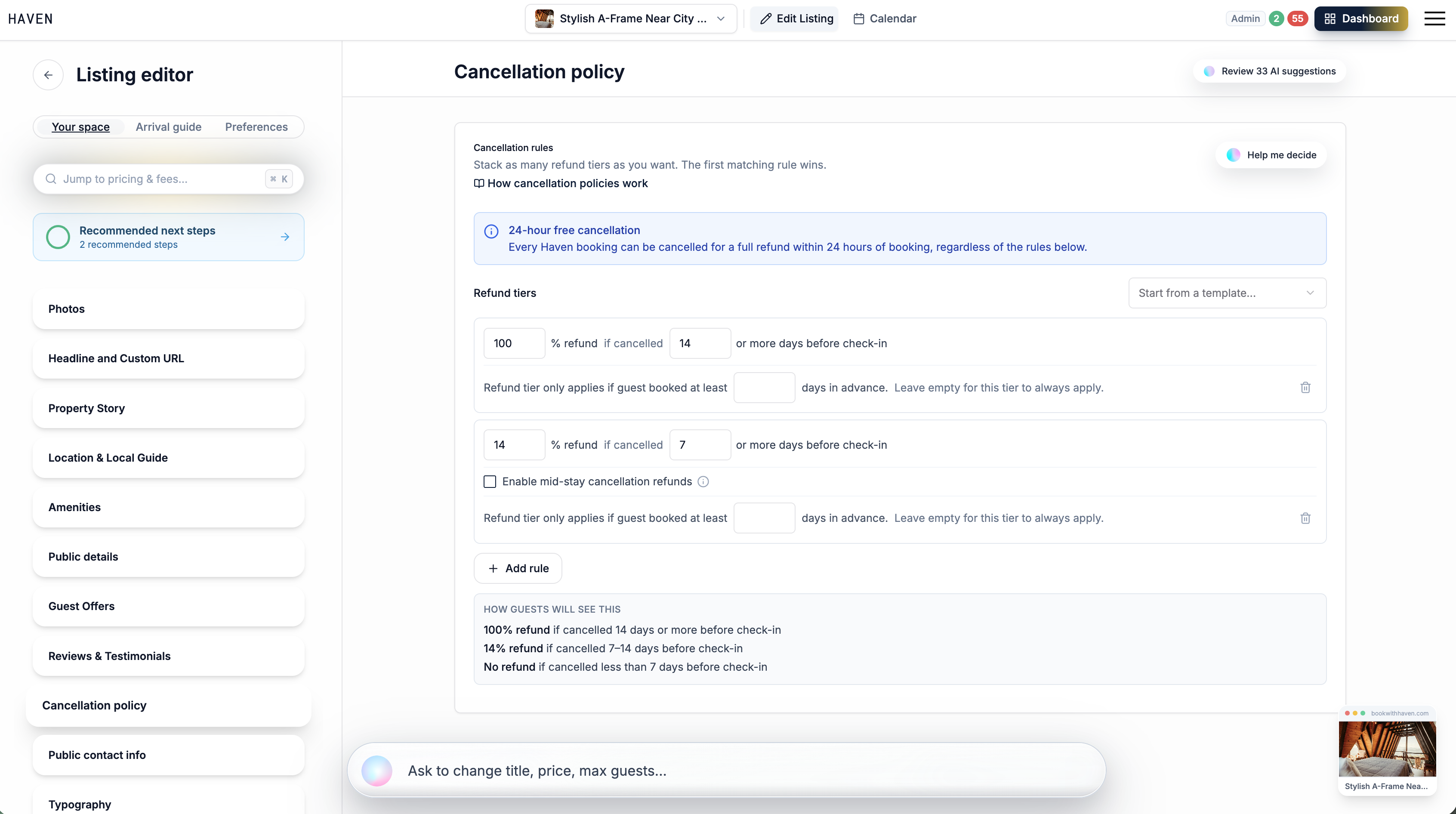 Cancellation Policy options in Edit Listing