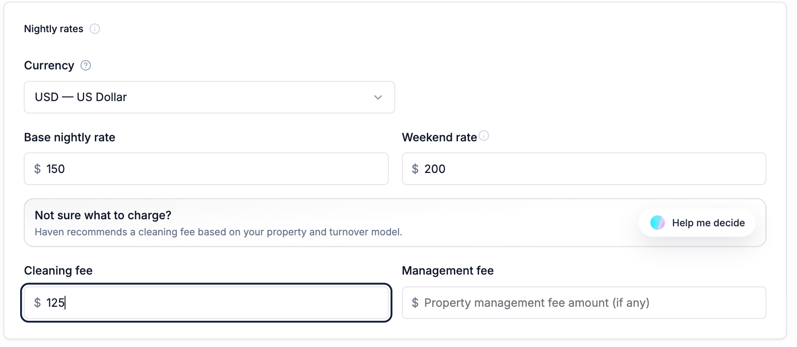 Edit Listing Fees section with a cleaning fee entered