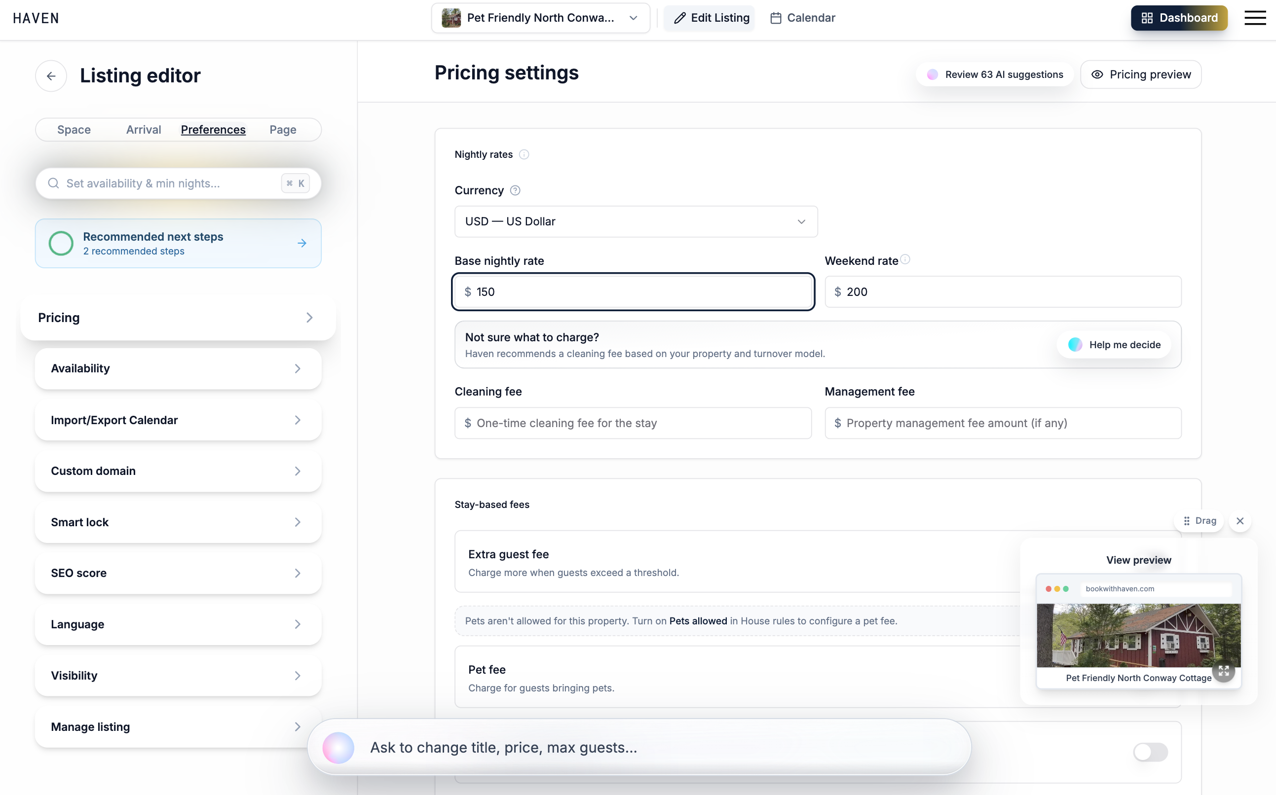 Edit Listing Pricing section with the base nightly rate field
