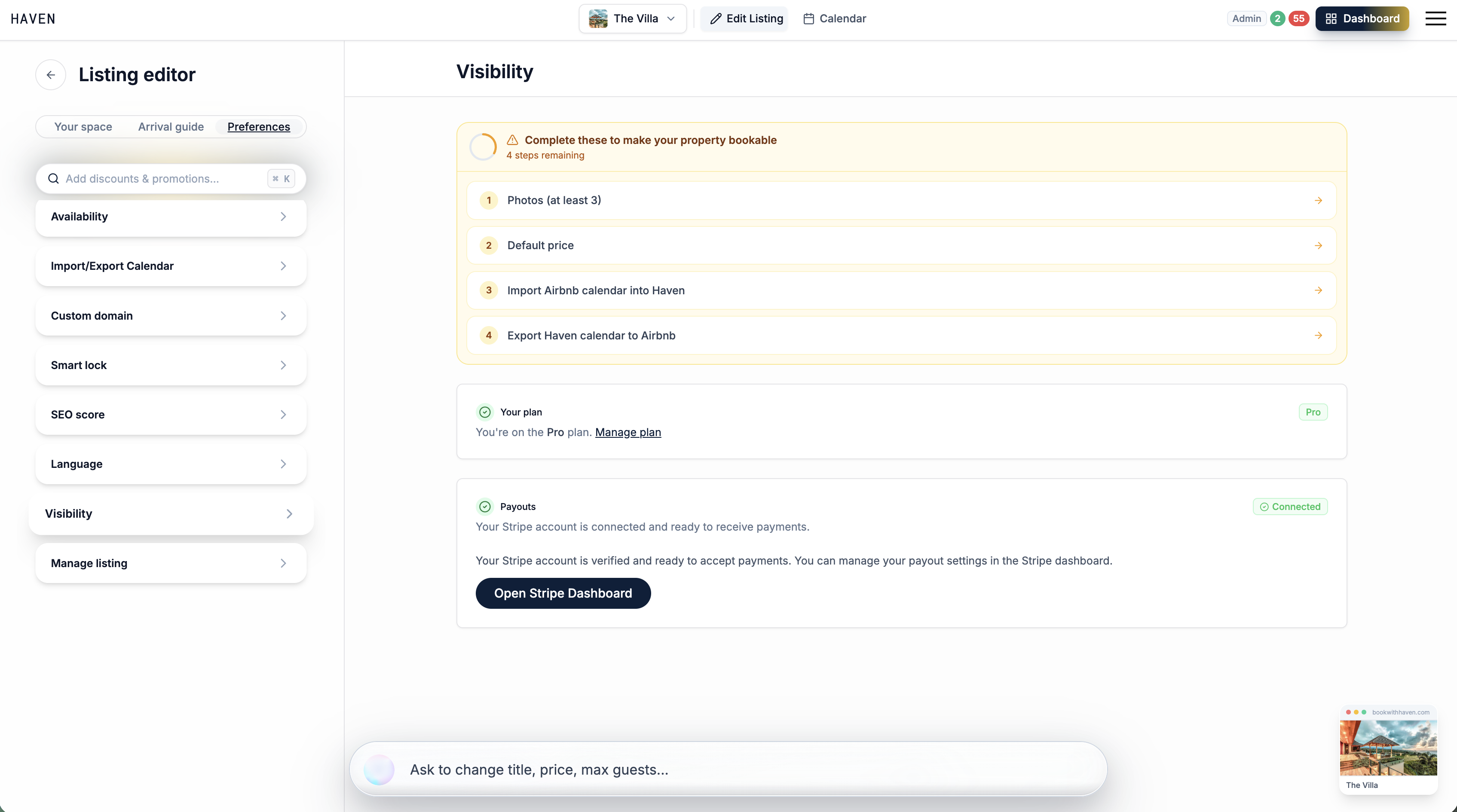 Edit Listing Visibility checklist with the property and account requirements