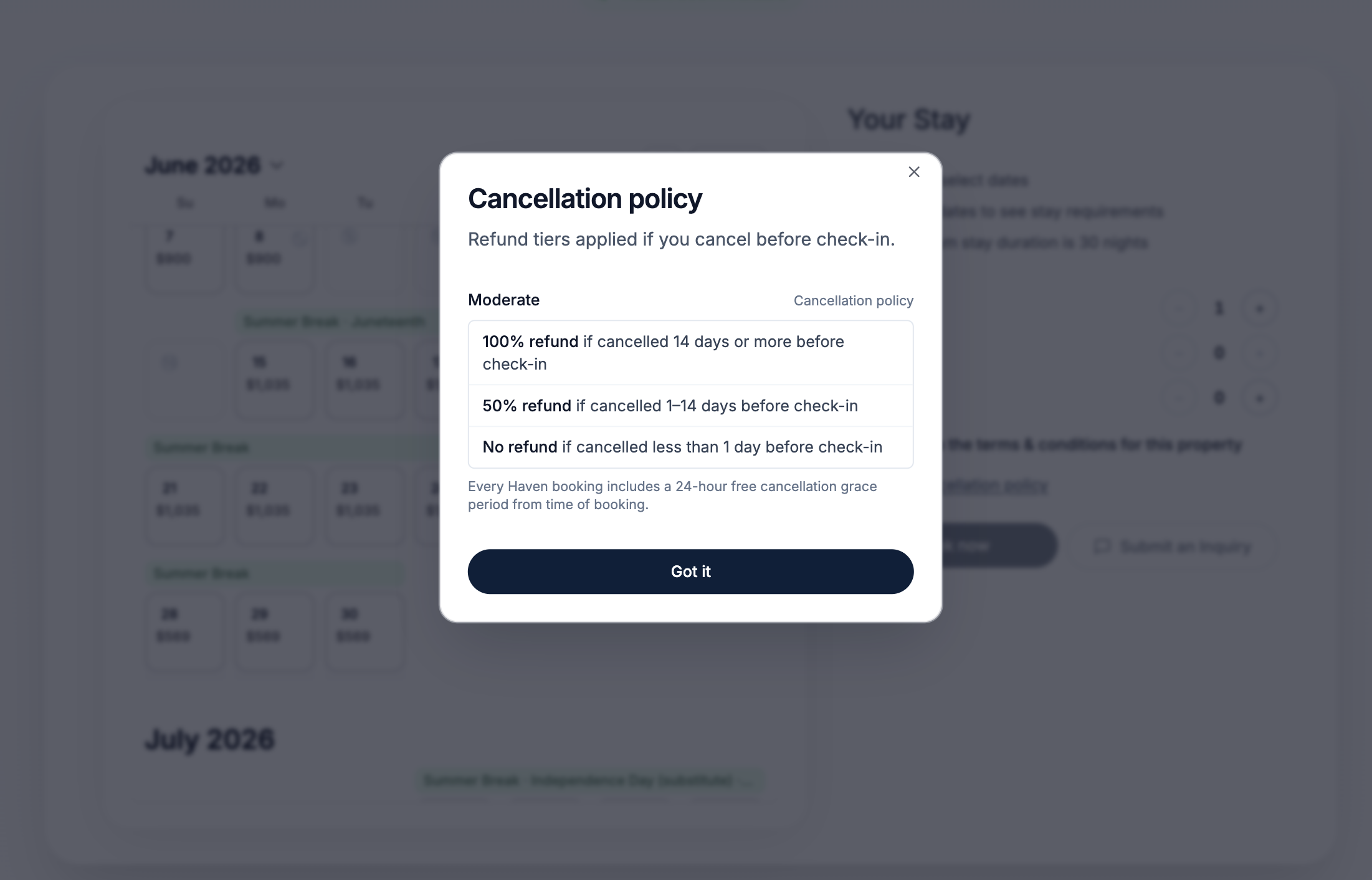 Cancellation terms shown to a guest during checkout