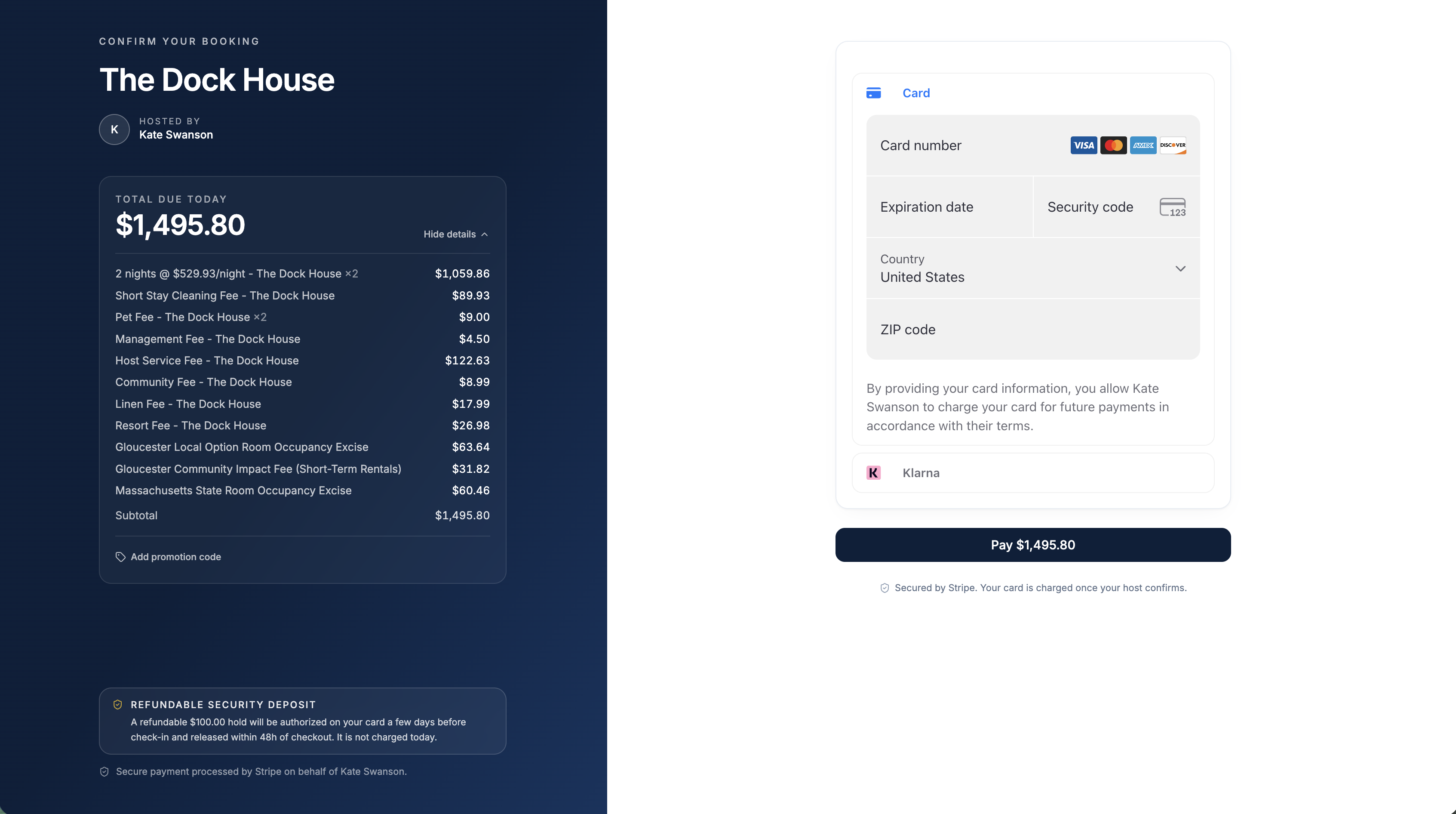 Guest checkout price breakdown showing nightly rate, fees, and total