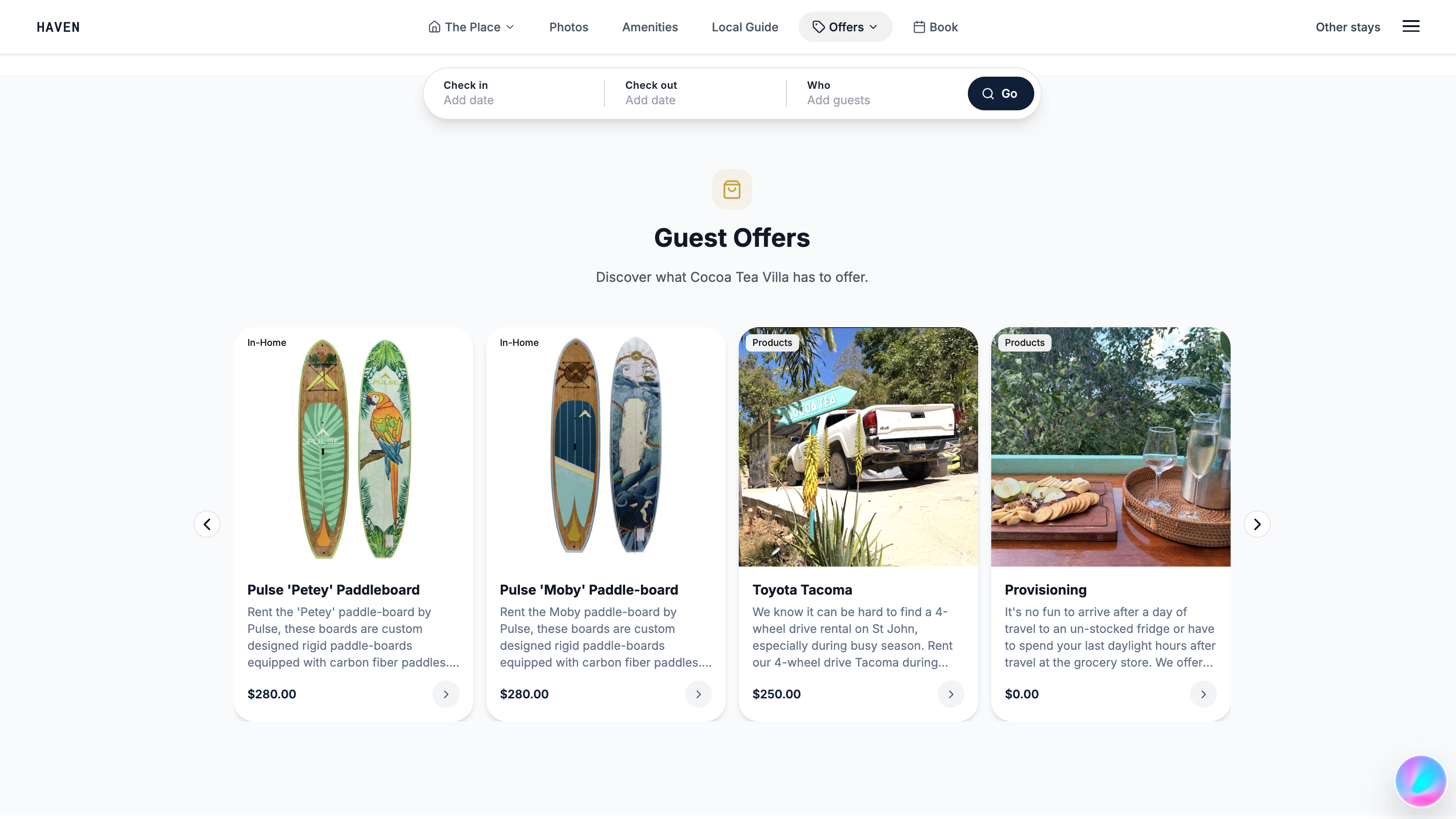 Guest store showing bookable experiences and add-on services