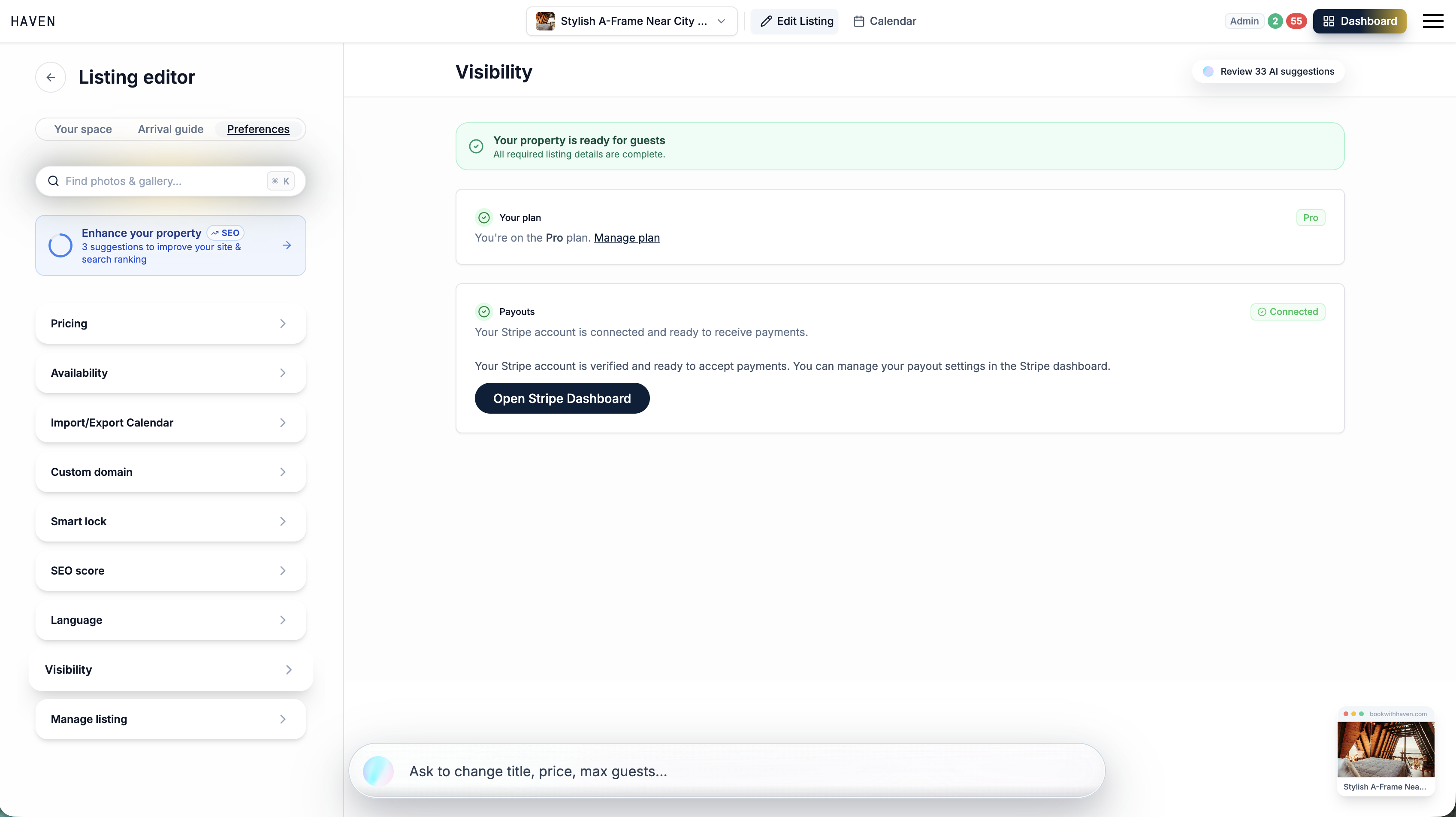 Fully green listing readiness state with the wheel at 100%