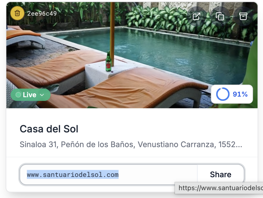 Listing sites tab with the view-site and copy-link controls on a live property