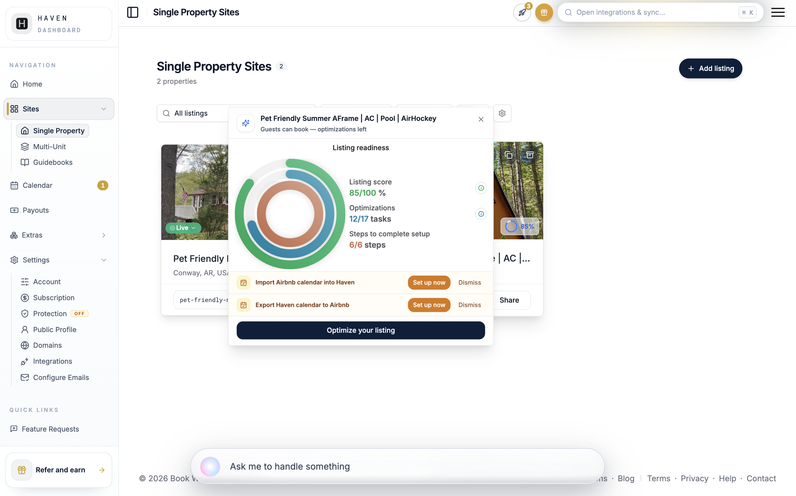 Listing sites tab showing a new property card with its readiness percentage wheel