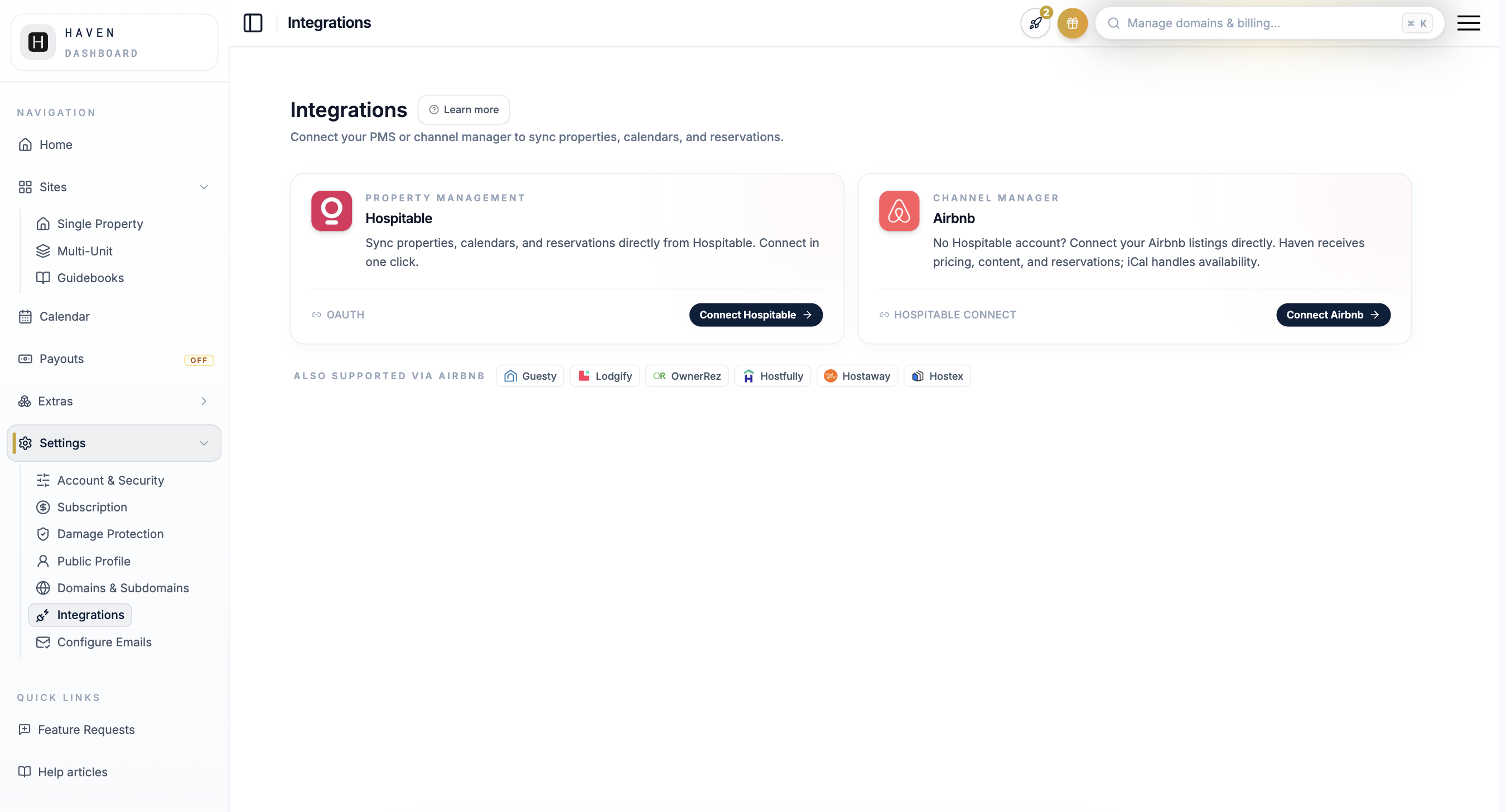 Onboarding step to connect a property management system, with the Hospitable option highlighted
